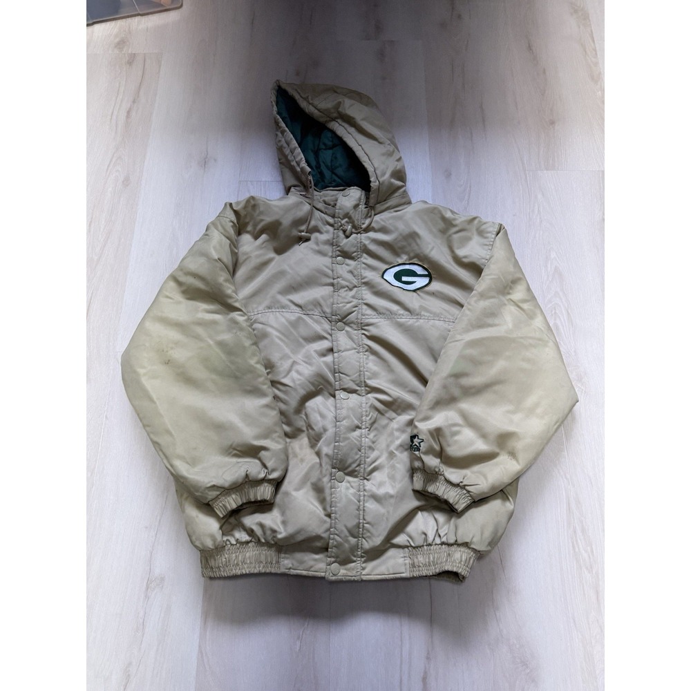 Vintage Green Bay Packers Jacket Mens 2XL Beige NFL Football Starter Hooded 90s